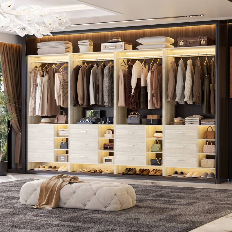 Cimly 30'' W Freestanding Closet System with Hanging Rod, Closet Organizer with Drawers and Shelves - 4pcs - White Oak