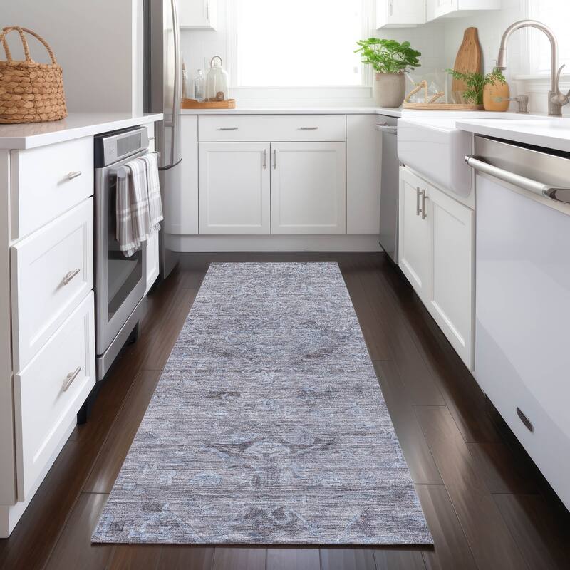 Machine Washable Indoor/ Outdoor Vintage Traditional Chantille Rug - Blue - 2'3" x 7'6"