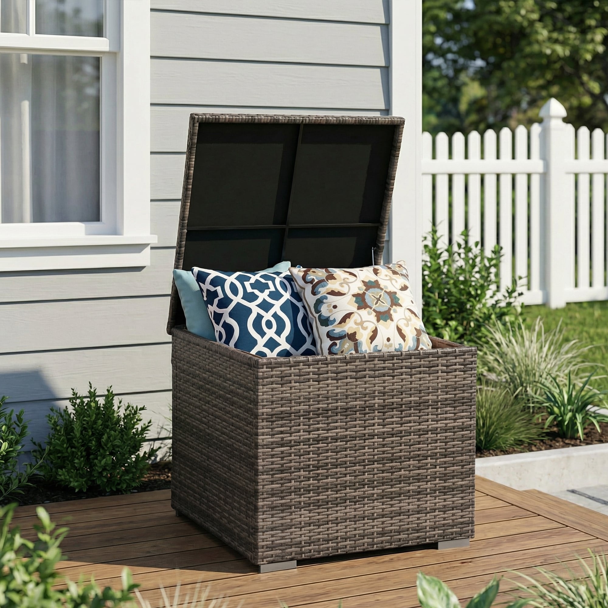 90 Gallon All-Weather Wicker Outdoor Storage Box with Gas Spring & Waterproof Lid