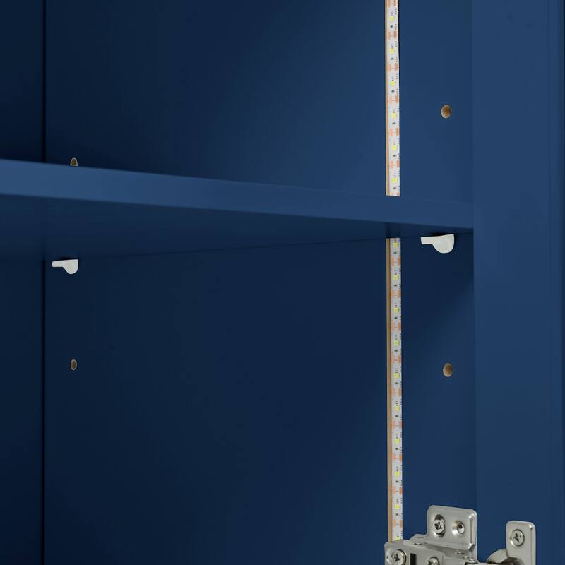 73.5'' Rubberwood Kitchen Island with LED Lights, Extended Table, Power Outlets and 2 Fluted Glass Doors