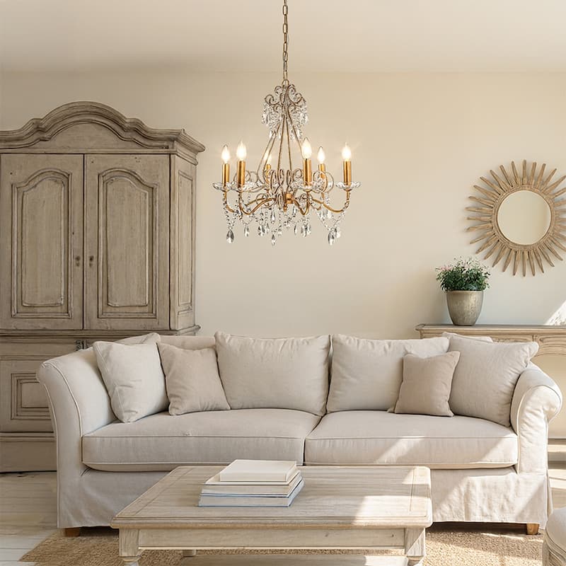 4/6-Lights Vintage Small Candlestick Crystal Chandelier in Antique Gold