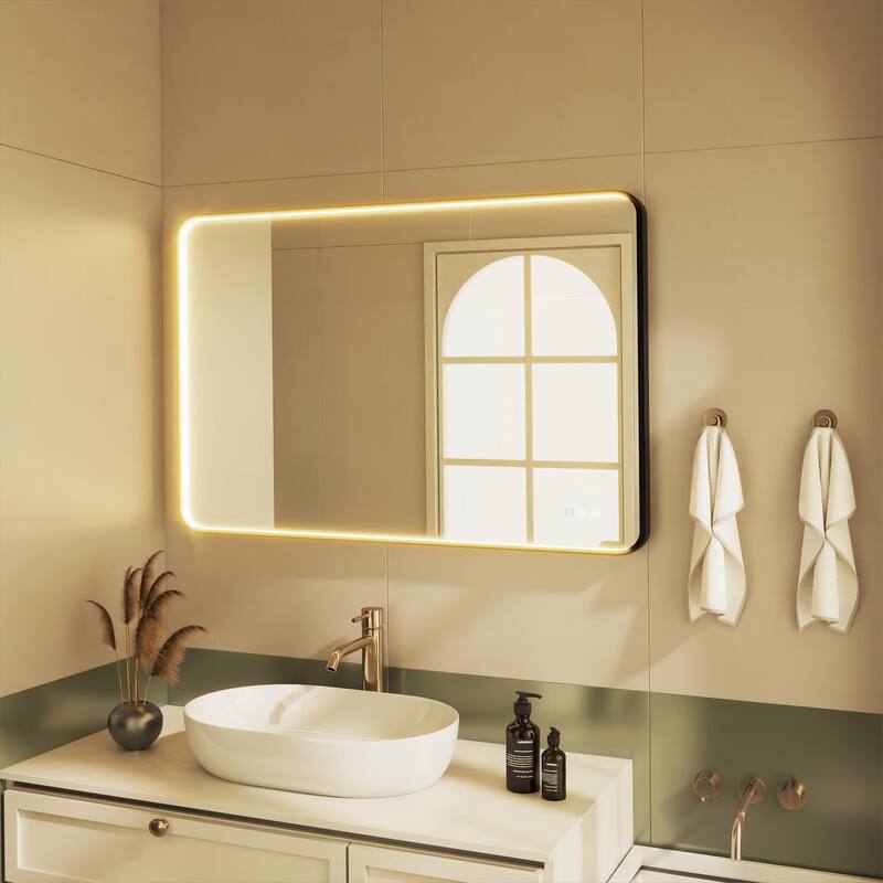 Organnice Rectangular LED Aluminum Black Framed Light Rounded Wall Mirror with Front Light - 48*32