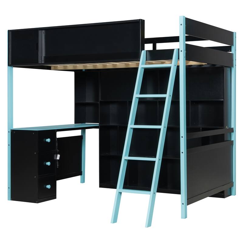 RGB Gaming Loft Bed with Desk, Light Strip, Display Wall, Storage Shelves, Sliding Access Door and Drawers, No Box Spring Needed