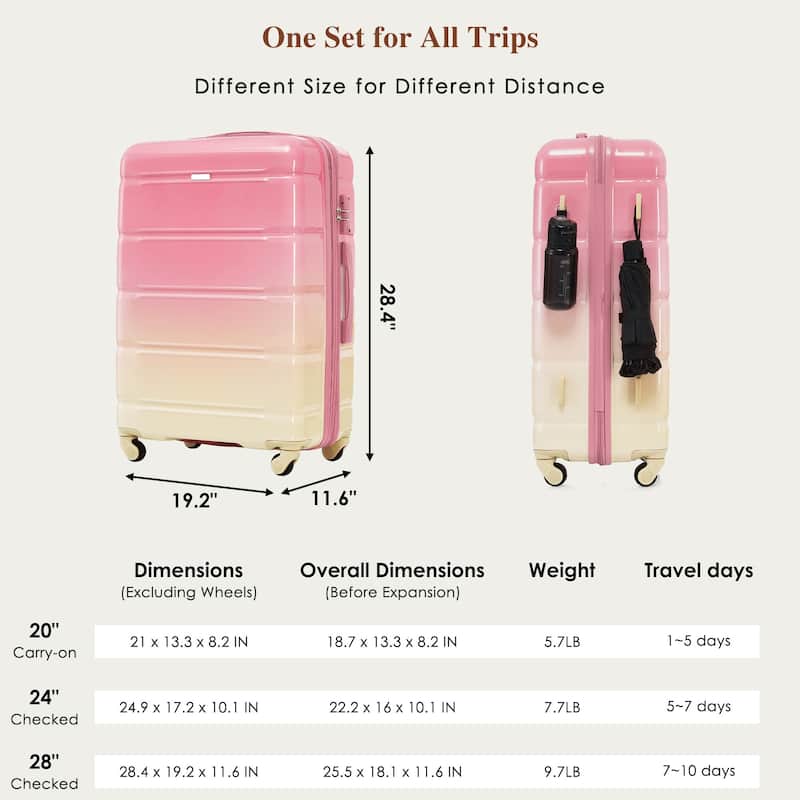 3-Piece, 20-Inch Modern Hard Shell Luggage with USB Port and Spinner Wheels, for Boarding Travel, Pink