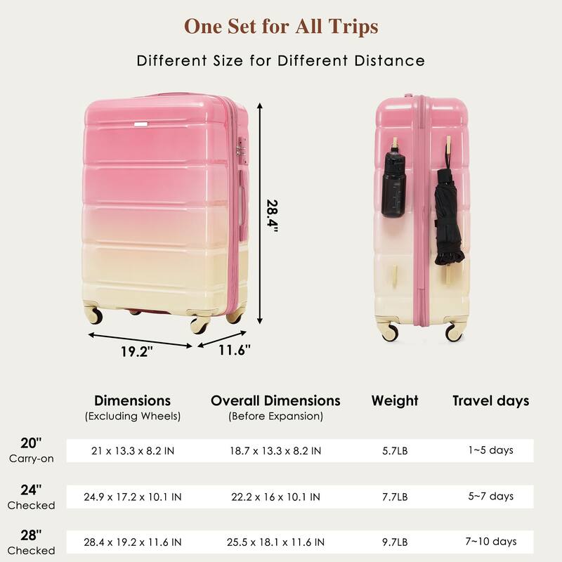 3 Piece Expandable Luggage Set, PC+ABS Durable Hard Shell Carry-on Suitcase with USB Port and Spinner Wheels, for Travel
