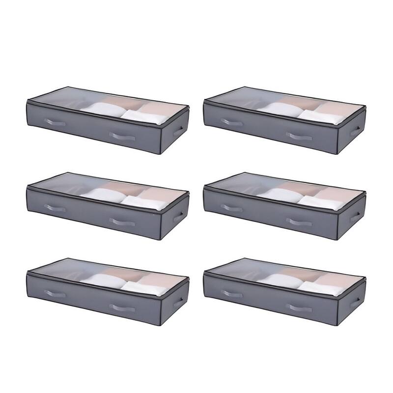 Grey Fabric Under-Bed Storage Bag 90L Foldable with Double Zipper and PVC Top 6 Pack - 39.2 x 19.7 x 7.1 inch