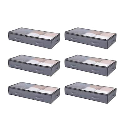 Grey Fabric Under-Bed Storage Bag 90L Foldable with Double Zipper and PVC Top 6 Pack - 39.2 x 19.7 x 7.1 inch
