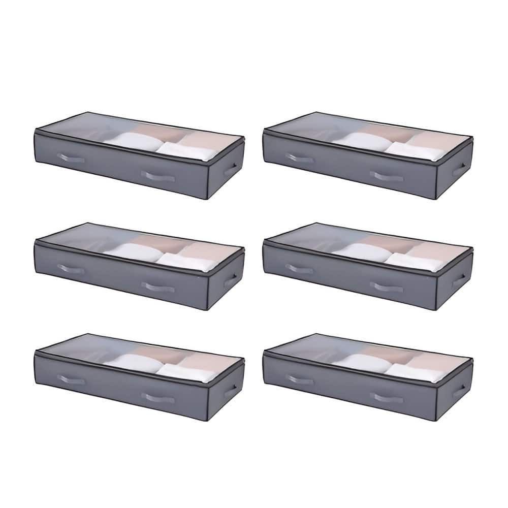Grey Fabric Under-Bed Storage Bag 90L Foldable with Double Zipper and PVC Top 6 Pack - 39.2 x 19.7 x 7.1 inch