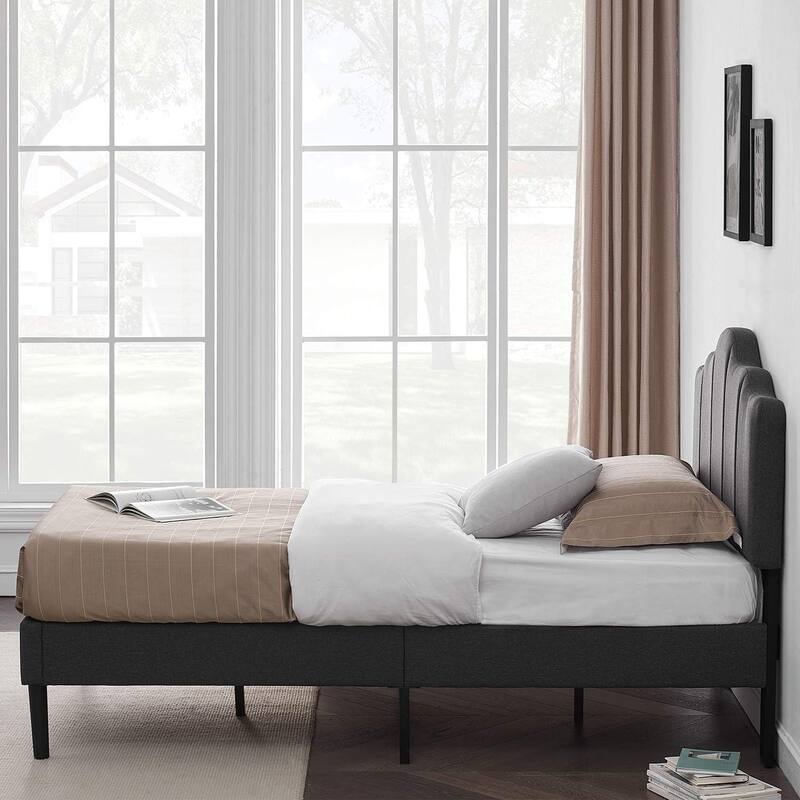 VECELO Modern Upholstered Bed with Curved Height Adjustable Headboard,Dark Grey