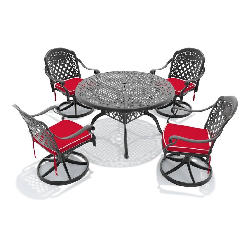 5-Piece Aluminum Round Outdoor Patio Dining Set, 4 Cushioned Swivel Chairs, Table, All-Weather Frames
