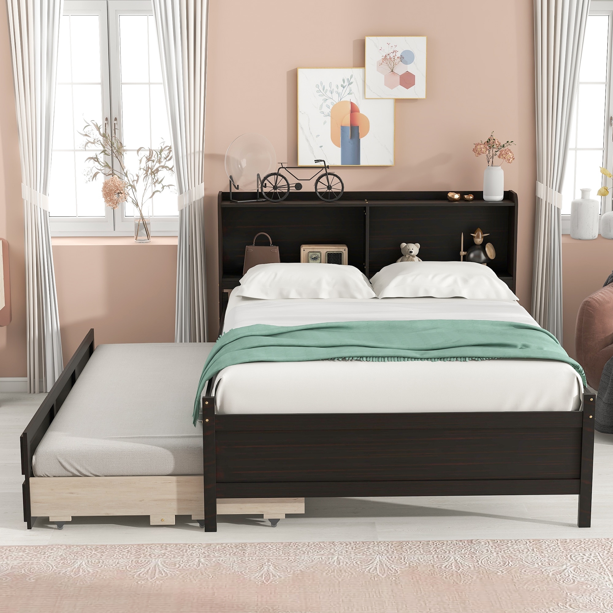 Full Platform Bed with Twin Trundle and Bookcase Headboard Wood