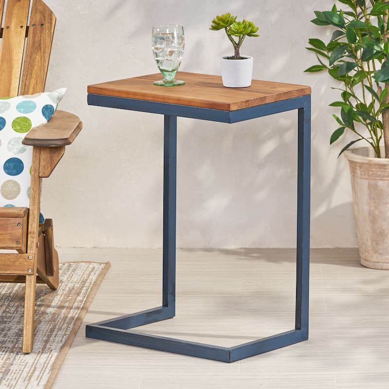 Roomfitters C-Shaped Side Table, Industrial End Table with Natural Wood Top and Blue Metal Frame for Sofa or Bedside, Natural