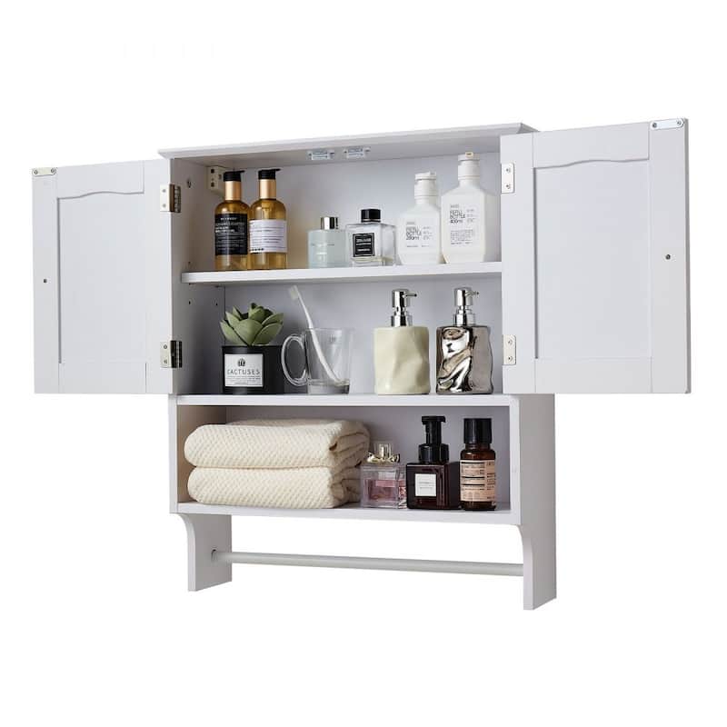White Wall-Mounted Bathroom Cabinet with Adjustable Shelves and Multi-Layer Storage Towel Bar - 23” x 8” x 27”