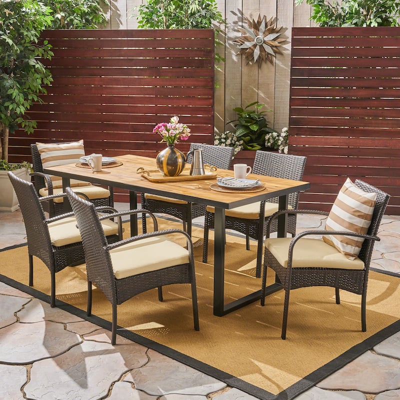 Heron Outdoor 6-Seater Rectangular Acacia Wood and Wicker Dining Set by Christopher Knight Home - teak finish + black + multi brown + cream cushion