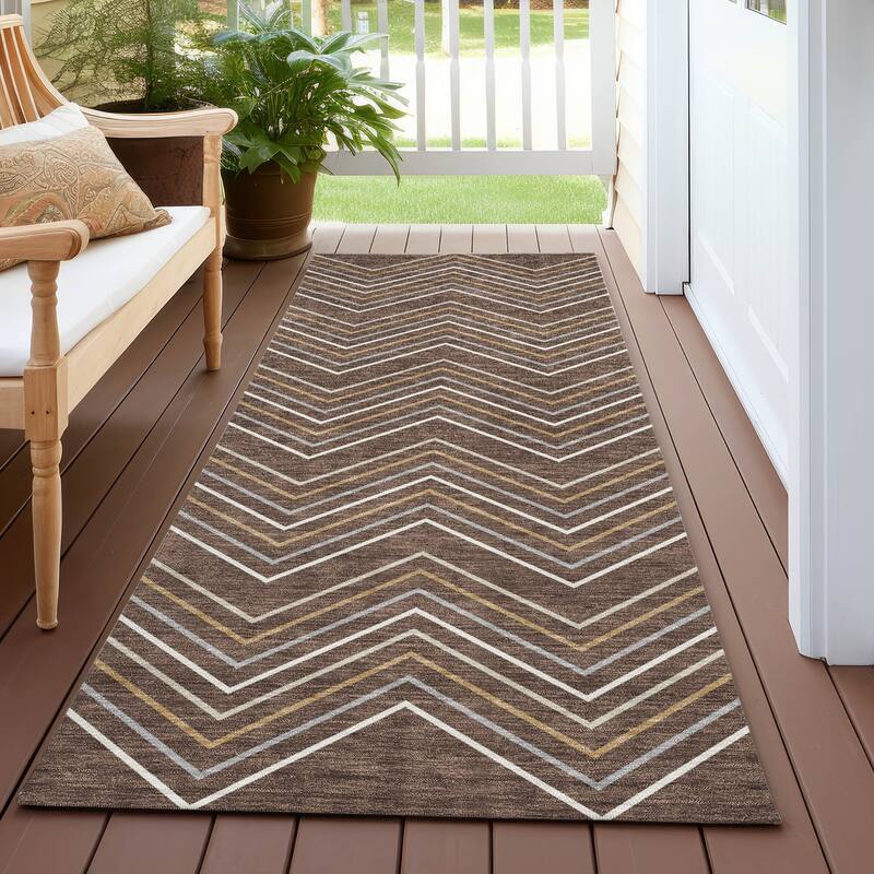 Machine Washable Indoor/ Outdoor Modern Chevron Chantille Rug - Brown - 2'3" x 7'6"