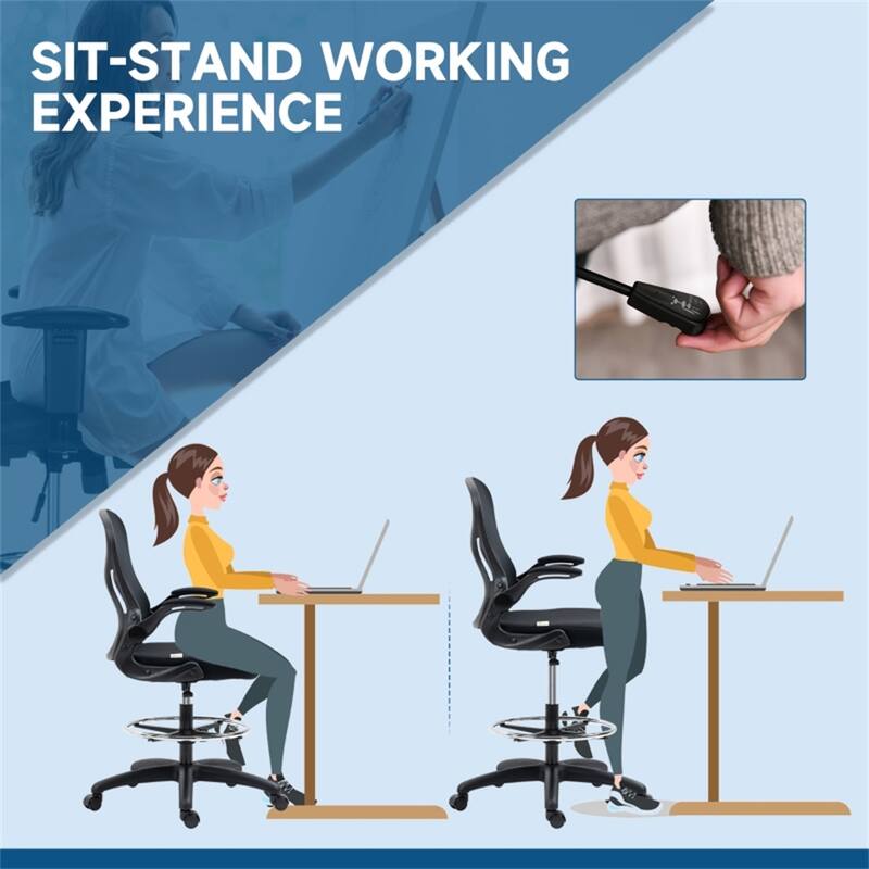 Black Mesh Ergonomic Drafting Chair with Lumbar Support and Footrest - 23.2" W x 25.6" D x 40.2"-48" H