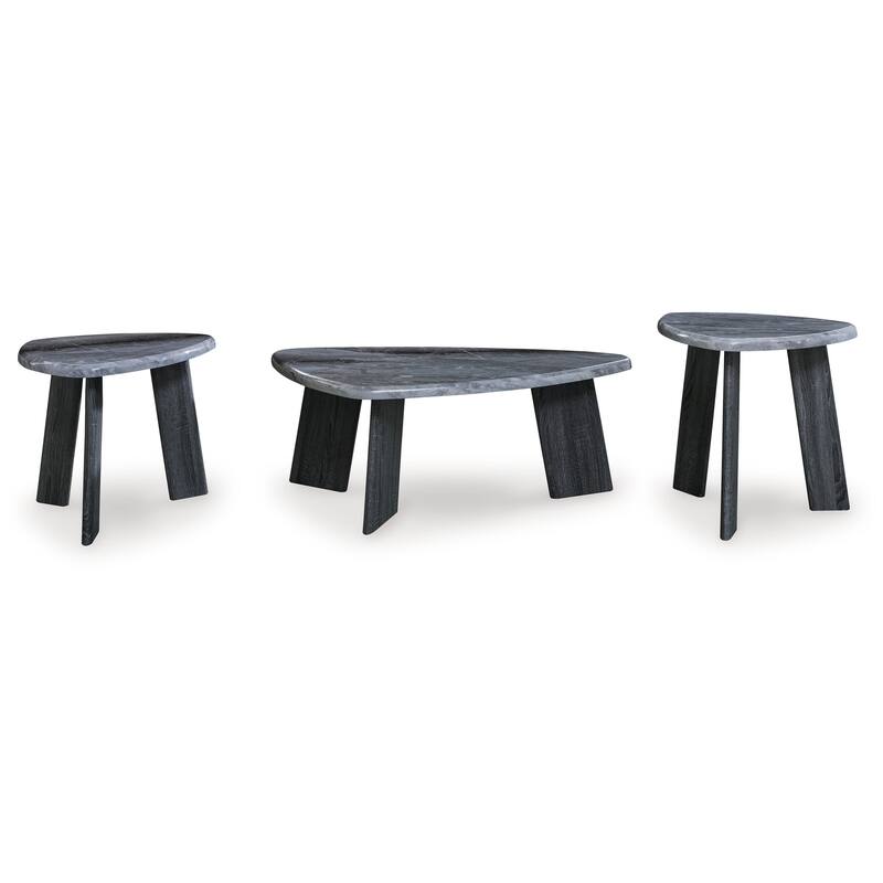 Bey 3pc Coffee n Table Set, Gray Faux Marble Top, Geometric Panel Base