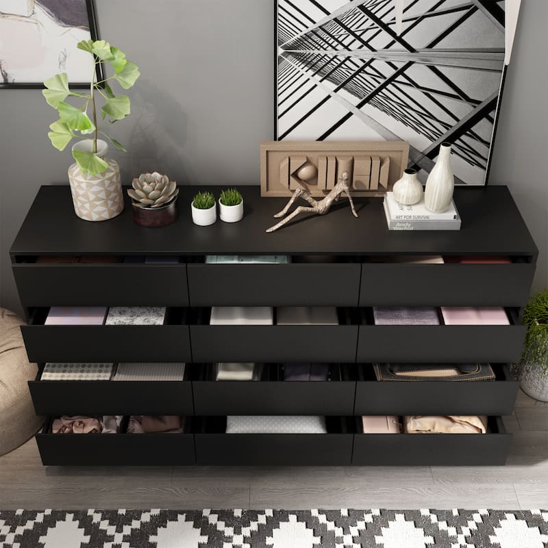 12 Drawers Dresser for Bedroom Chest of Drawers Black Triple Dresser