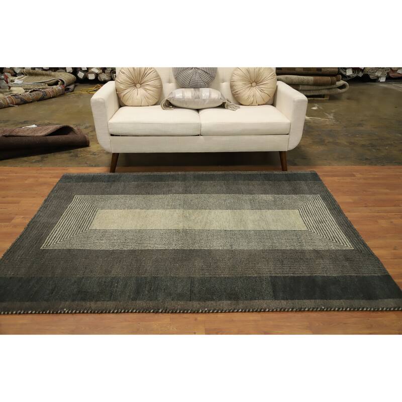 Hand Knotted Oriental 100% Wool Carpet Modern Geometric Greys & Charcoal Gabbeh Area Rug - 6' 7'' X 5' 1''
