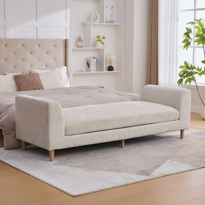Modern 83.1" Upholstered End of Bed Bench with Armrests, Chenille Accent Reading Bench with Pillows and Wood Legs for Bedroom