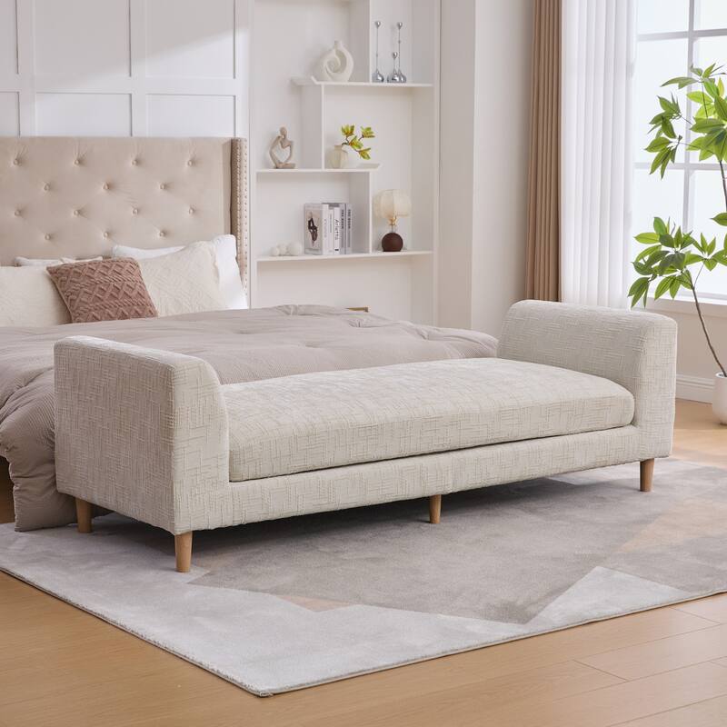 Ottoman Bench with Armrests, Chenille Upholstered End of Bed Bench, Window Bench with 2 Bolster Pillows & Rubberwood Legs