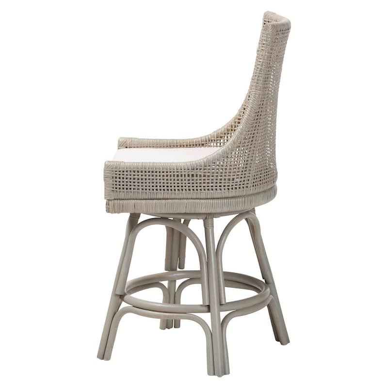 Bella Swivel Rattan Counter Stool with Cushion - Handwoven Wicker Kitchen Island Seating with Backrest and Footrest