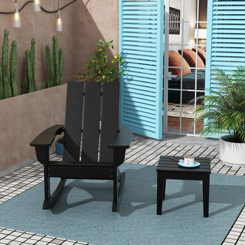 Shoreside Modern Eco-Friendly All Weather Poly Adirondack Rocking Chair with Side Table (2-Piece Set) - Black