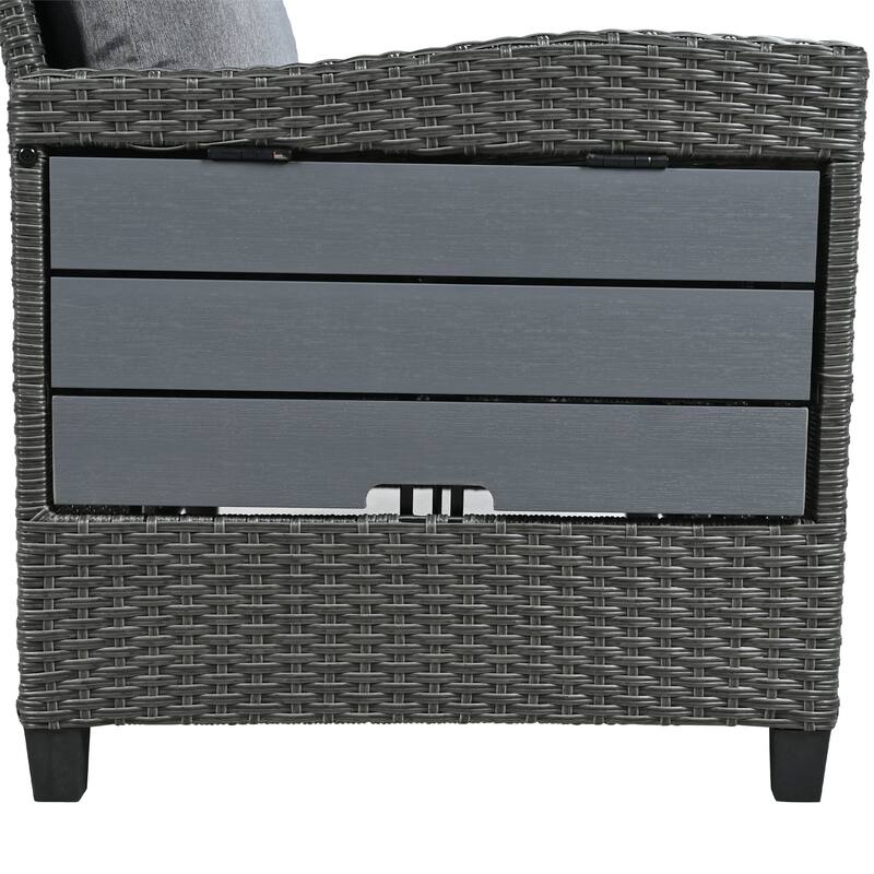 5-Piece Outdoor Patio Rattan Sofa Set - L-Shaped PE Wicker Sectional with 2 Extendable Side Tables, Dining Table