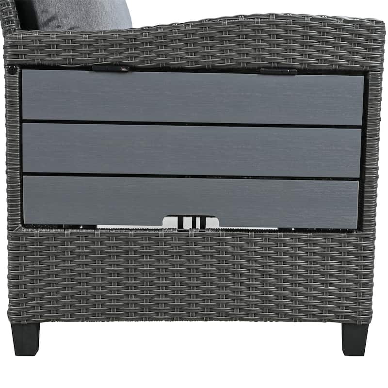 Roomfitters 5-Piece Outdoor Rattan Sofa Set, Patio Sectional Furniture with Dining Table, Storage Bench, Side Trays