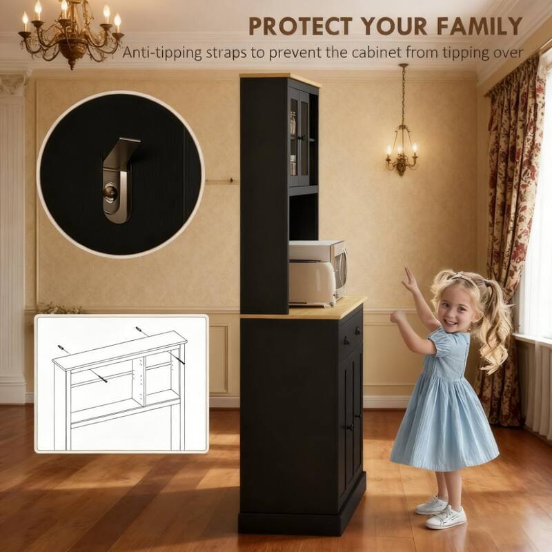 71" Tall Freestanding Kitchen Pantry Cabinet with Adjustable Shelves and Glass Doors