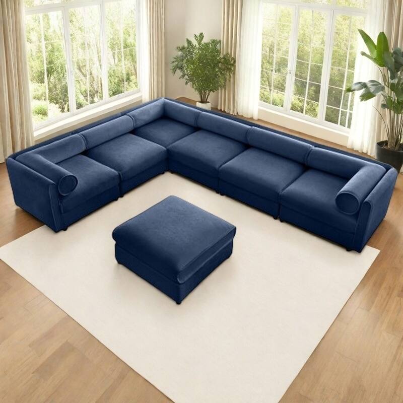 Modern Chenille 6-Seater Sofa with Ottoman Storage, Hidden Storage, Cylindrical Cushioned Arms and Backrest - 6 Seater with Ottoman Blue