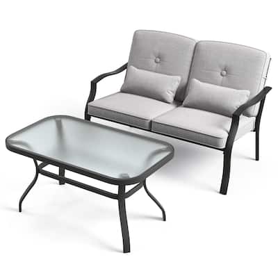 Outdoor Loveseat Chair Set with Tempered Glass Coffee Table - 48" x 30" x 29"