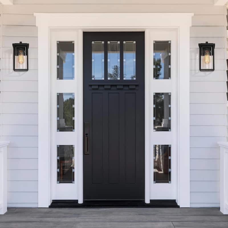 Geoma Modern Farmhouse 1-Light Black Outdoor Wall Sconce Seeded Glass Lantern - L 5.9"* W 6.7"* H 10.8"