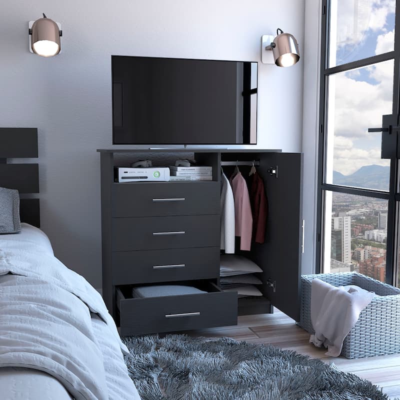 TUHOME Peru 4 Drawer Dresser with Vertical Cupboard & Open Shelf