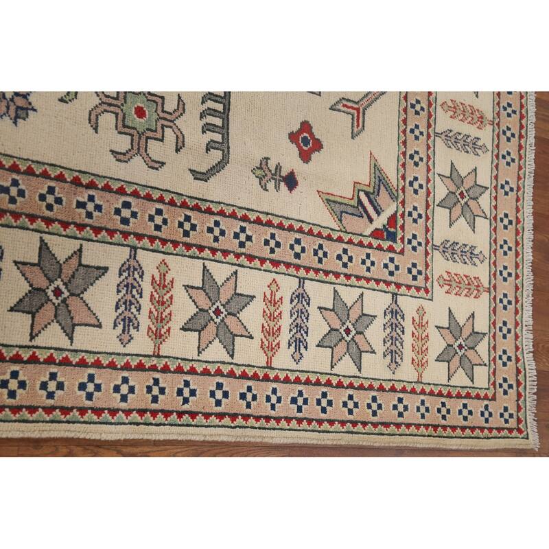 Hand Knotted Oriental 100% Wool Carpet Traditional Geometric Beige & Ivories Kazak Area Rug - 9' 7'' X 6' 7''