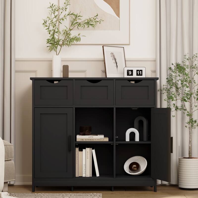 Anmytek Black 3 Drawer Storage Cabinet with Adjustable Shelf Shaker Style Entryway Console