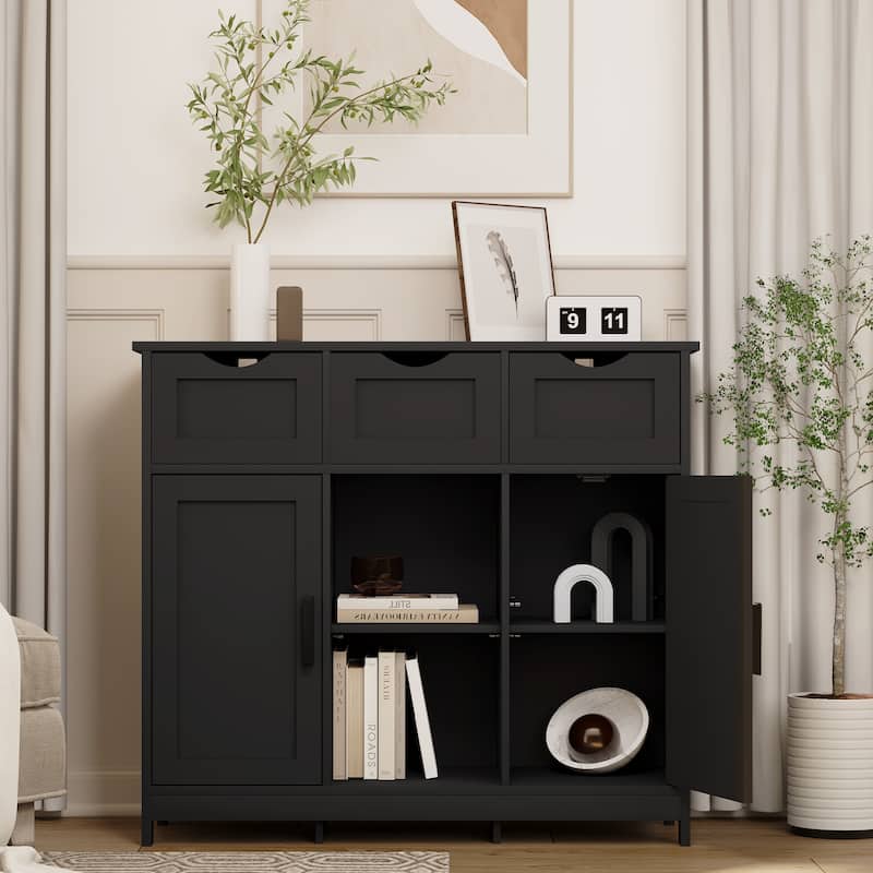 Wooden Floor Cabinet with Drawers and Shelves - Black