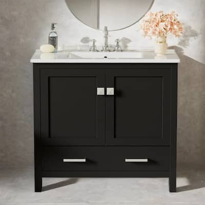 36" Bathroom Vanity w/ Ceramic Sink, Soft-Close Doors, Storage Shelves