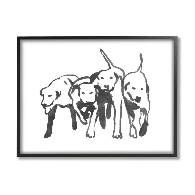 Stupell Row Of Pet Dogs Black White Watercolor Outline Framed Wall Art - Grey - 16 x 20 - Black