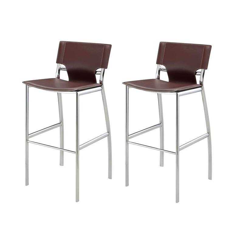 HomeRoots Set of Two 25" Brown and Silver Faux Leather and Metal Low Back Counter Height Bar Chairs