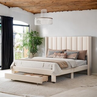 Queen Size Velvet Upholstered Platform Bed with Storage Drawer - Sturdy ...
