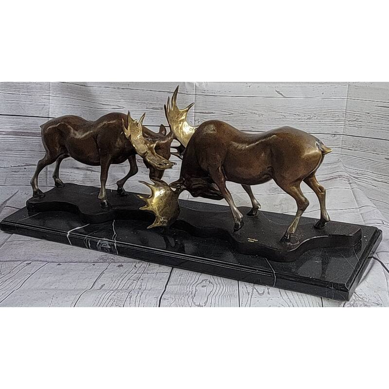 Imitative Bull Moose Duel Dueling Bucks Fight Bronze Statue Sculpture Moigniez Marble Base 11 Inches X 31 Inches