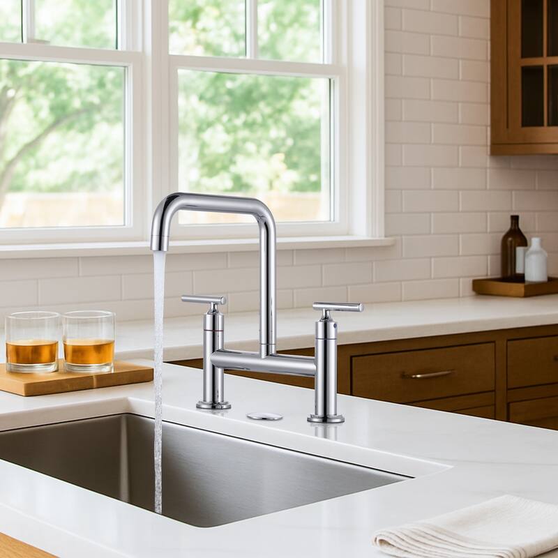 WOWOW Double Handle Bridge Faucet with Kitchen Sink Hole Cover