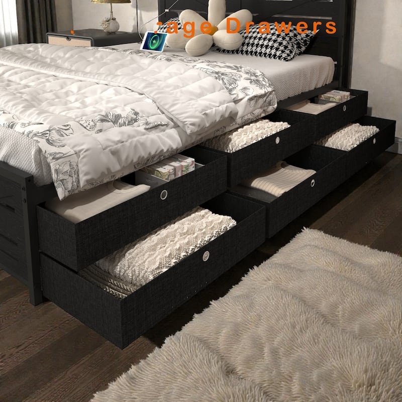 Full Size Bed Frame with Storage Headboard and 12 Drawers, LED Lights, Metal Platform Bed No Box Spring