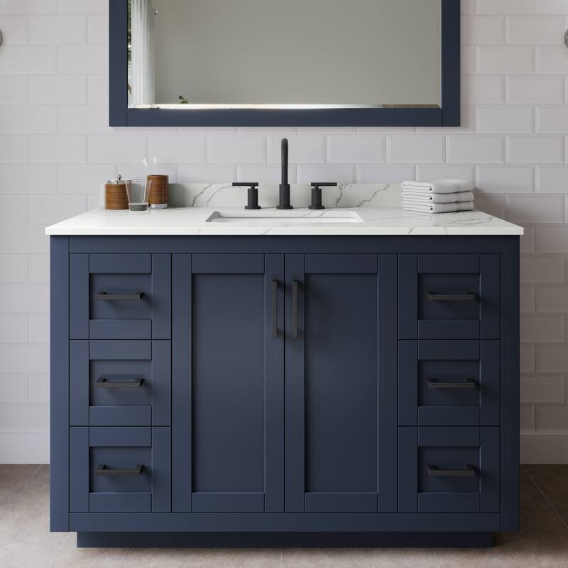 Wyndham Collection WCF292948S-QTZ-US3M46 Miranda 48" Free Standing - Dark Blue / Giotto Quartz Top / Matte Black