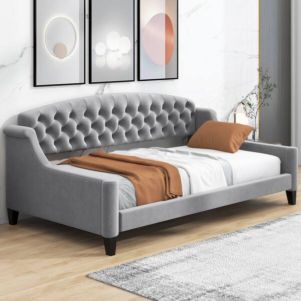 slide 2 of 12, Gray Luxury Twin Size Velvet Upholstered Tufted Button Daybed, Sofa Bed for Bedroom and Living Room, Wooden Slats Support Gray - Twin