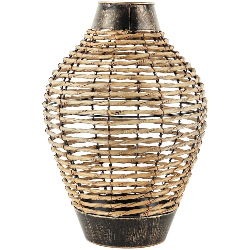 Bronze Plastic Rattan Handmade Twisted Decorative Vase with Open Frame Design and Bronze Metal Details