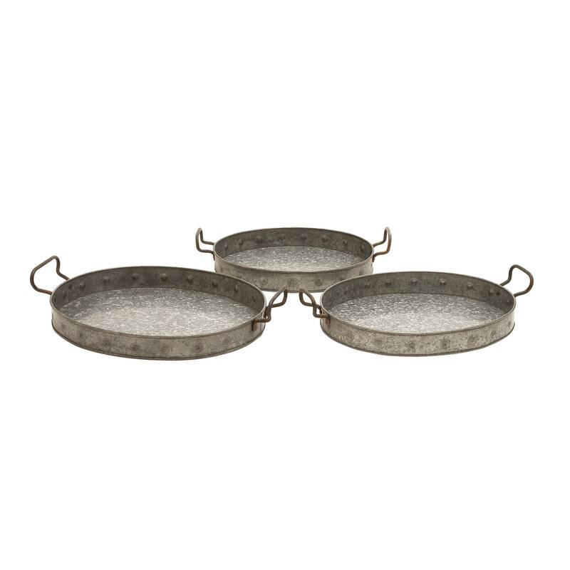 Gray Metal Galvanized Oval Living Room Decor Tray with Rust Handles (Set of 3)