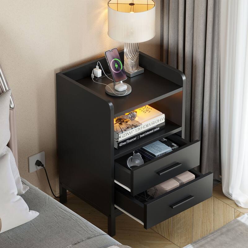 2-Drawer Nightstand Beside End Table with USB Port and LED Lights