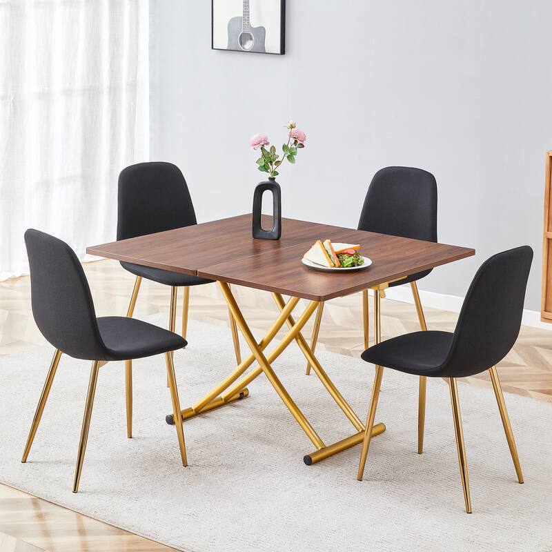 5-Piece Modern Lift-Top Table Set with Gold Legs, Includes 4 Black Linen Fabric Chairs, Stylish Dining Set for Kitchen